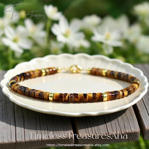 Natural Tiger Eye Beaded Bracelet - Minimalist Small Beads for Women Gemstone Crystal Bracelet - Healing Strength Protection Bracelet, Gift