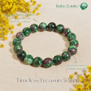 Ruby Zoisite Bracelet | 8mm Green Gems Beaded Stretch Stacking Bracelet | Healing Protection Balance Bracelet | Stone of Optimism