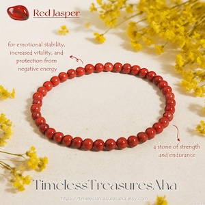 Natural Red Jasper Bracelet | 4mm Crystal Gemstone Beads Stretch Bracelet for Stacking | Healing Strength Inner Peace Bracelet | Women Gift