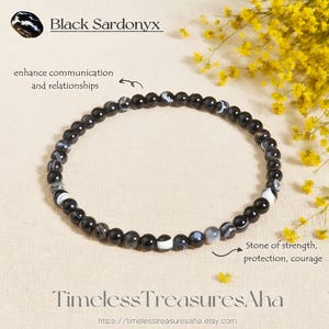 4mm Black Sardonyx Beaded Bracelet | Crystal Gemstone Bead Stretch Bracelet for Stacking | Healing Protection Courage Strength Bracelet