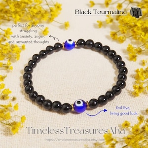 Black Tourmaline & Blue Evil Eye Beaded Bracelet | 6mm Gemstone Bracelet for Stacking | Healing Protection Strength Luck Bracelet