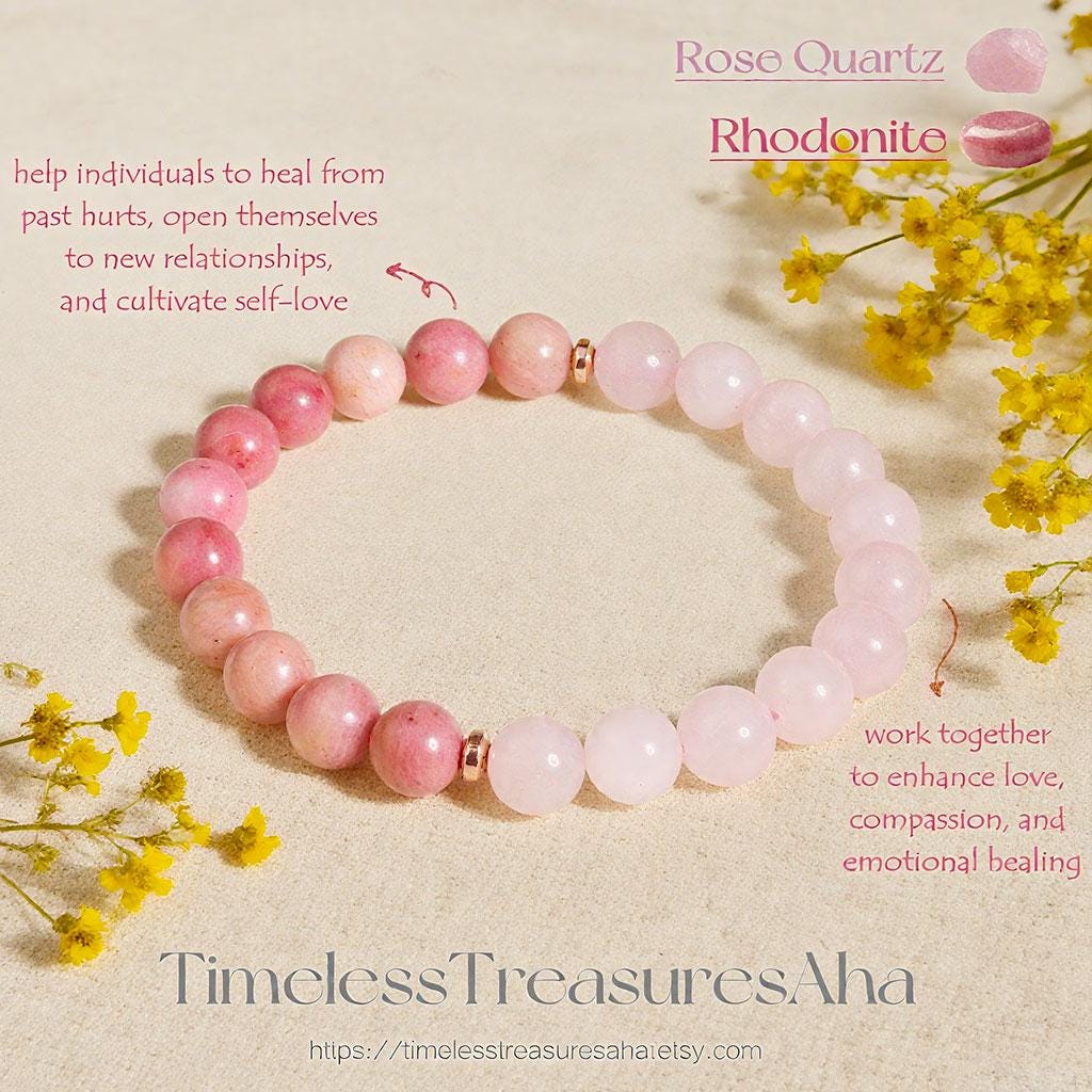 8mm Rose Quartz & Rhodonite Beaded Bracelet | Women Stretch Bracelet for Stacking | Healing Balance Inner Peace Bracelet | Stone of Love