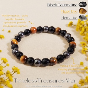 Triple Protection Bracelet | Tiger&#39;s Eye, Hematite & Black Tourmaline 8mm/10mm Beaded Bracelet | Healing Balance for Women Men