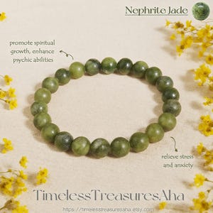 Nephrite Bracelet | 8mm Green Jade Beads Stretch Stacking Bracelet | Healing Protection Balance Calming Crystal Energy Bracelet | Gifts