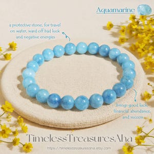 Natural Aquamarine Bracelet | 8mm Beads Stretch Stacking Bracelet | Healing Protection Inner Peace Bracelet | Stone of Success