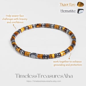 May include: A bracelet made of tiger eye and hematite beads. The bracelet features a mix of square and round beads in shades of brown, gold, and silver. The text in the image says "Tiger Eye" and "Hematite". The bracelet is from Timeless Treasures Aha.