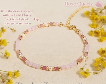 Pearl, Rose Quartz & Pink Tourmaline Beaded Crystal Bracelet | Healing Calming Bracelet | Dainty Stunning Women Bracelet | Stone of Love