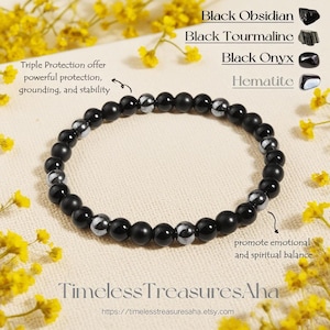 Triple Protection Bracelet | Obsidian, Black Onyx, Hematite & Black Tourmaline 6mm Beads Bracelet | Healing Balance for Women Men, 6.8-8in