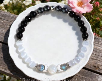 Lunar Energy Bracelet | Black Tourmaline, Selenite & Hematite Moon Phase Charm Stretch Bracelet | Healing Balance Cleanse Crystal Bracelet