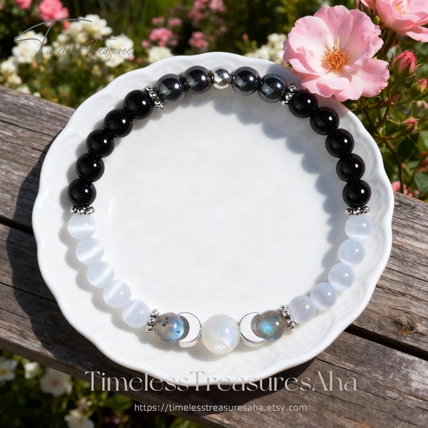 Lunar Energy Bracelet | Black Tourmaline, Selenite & Hematite Moon Phase Charm Stretch Bracelet | Healing Balance Cleanse Crystal Bracelet