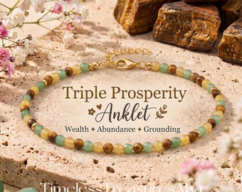 Triple Prosperity Anklet, Citrine Tiger Eye Green Aventurine Crystal Minimalist Foot Healing Abundance Jewelry