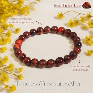 Red Tiger Eye Bracelet | 8mm Crystal Gemstone Beads Stretch Stacking Women Bracelet | Healing Protection Strength Bracelet | Stone of Luck