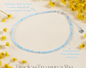 Aquamarin-Fußkettchen 2 mm blauer Edelstein Perlen Stein / Heilung Glücks-Fußkettchen / Zierliches Minimalist Frauen Sommer-Strand-Fußkettchen / Geschenk für sie