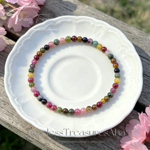 Rainbow Tourmaline Bracelet | 4mm Round Beads Stretch Stacking Bracelet | Healing Calming Inner Peace Bracelet | Stone of Harmony