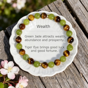 May include: A beaded bracelet featuring green jade and tiger eye stones, displayed on a white plate. The text on the plate reads "Wealth" and describes the properties of the stones. The bracelet is set against a wooden background.