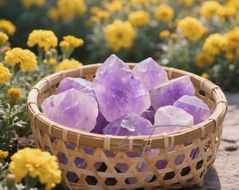 May include: A woven basket filled with raw amethyst crystals. The crystals are various shades of purple and lavender. The basket is made of light brown woven material. Yellow flowers are in the background.