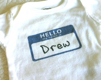 Long-Sleeved Hello My Name Is Customizable Baby Bodysuit (sizes newborn to 24 months)