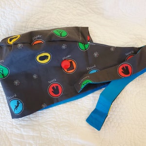 Rock paper scissors lizard Spock tie-back scrub cap