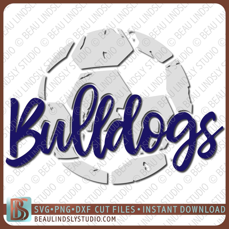 May include: A white soccer ball design with the word "Bulldogs" in a dark blue script font. The image includes the text "SVG PNG DXF CUT FILES INSTANT DOWNLOAD" and the website "BEAULINDSLYSTUDIO.COM".