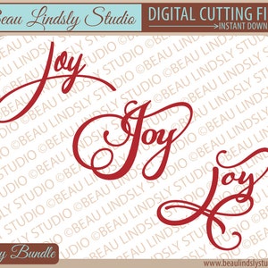 May include: Three red cursive "Joy" designs, each with a slightly different style. The designs are on a white background with a repeating pattern of "Beau Lindsly Studio" in a smaller font.