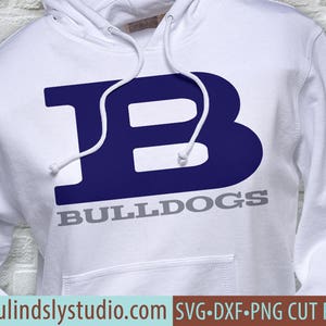 May include: White hoodie with a navy blue letter B and the word "Bulldogs" in gray lettering.