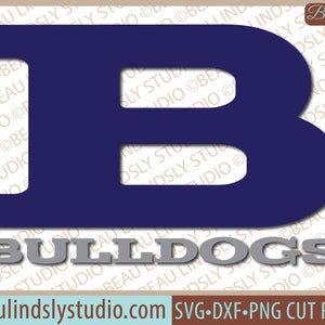 May include: A navy blue letter B with the word "BULLDOGS" in silver below it. The background is a light brown pattern with the text "beaulindslystudio.com" and "SVG-DXF-PNG CUT FILES" at the bottom.