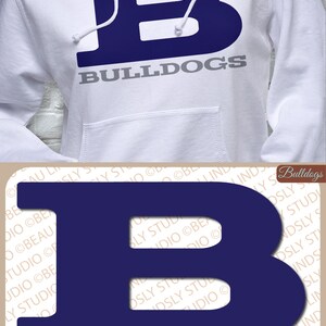 May include: A white hoodie with a navy blue letter "B" and the word "BULLDOGS" in gray text.