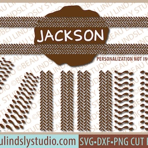 May include: A digital cut file design featuring a brown tire tread pattern, a brown circle with the name "JACKSON" in white text, and the text "PERSONALIZATION NOT INCLUDED". The design also includes several other brown tire tread patterns and wavy lines.