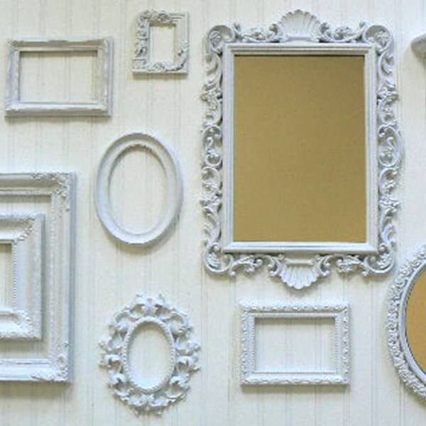 Shabby Chic Wedding White Wall Frame Collection with Chalkboard/Mirror Combo