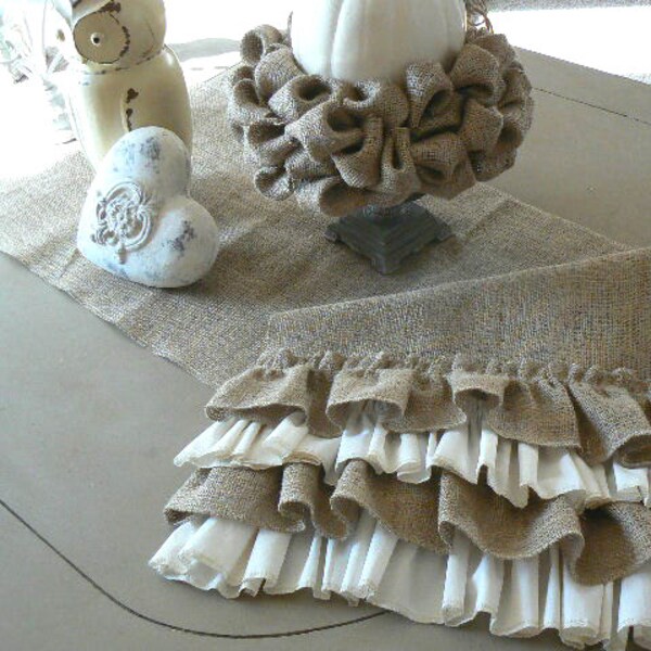 Cottage Chic  Burlap Table Runner with Ruffles