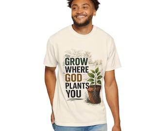 Camiseta "Crece donde Dios te planta" / Maceta con tipografía "Fe"