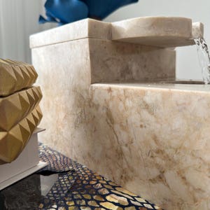 Pu&ograve; includere: Una fontana in marmo bianco con una cascata d'acqua. La fontana ha una base rettangolare e un design a pi&ugrave; livelli. Il livello superiore ha un beccuccio curvo che dirige il flusso d'acqua. La fontana &egrave; decorata con un fiore blu.