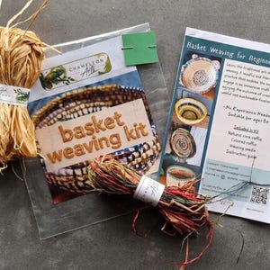 May include: A basket weaving kit by Chameleon Arts including a bundle of natural raffia, a bundle of multicoloured raffia, a clear plastic bag with a printed label, and an instructional pamphlet titled Basket Weaving for Beginners Kit.