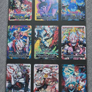 May include: Nine colorful trading cards featuring anime-style characters. Each card has unique artwork, character names, and text. The cards are displayed in a black card holder, showcasing various designs and vibrant colors.