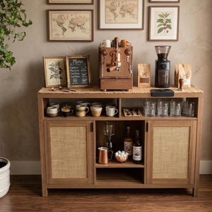 May include: A wooden coffee station with a copper espresso machine, coffee grinder, and various coffee-making accessories. The station includes a cabinet with woven panels and a chalkboard menu. Decorative framed prints hang on the wall above.