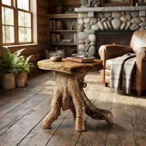 May include: A side table crafted from a natural tree stump with a light brown wood grain finish and an irregular, organic shape. The table features a flat, circular top surface and a sturdy base formed by the roots of the original tree trunk.