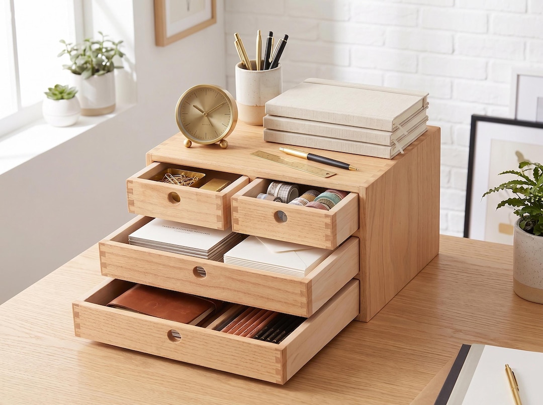Wood Desktop Organizer With 4 Drawers, Multi Tier Storage Box for ...