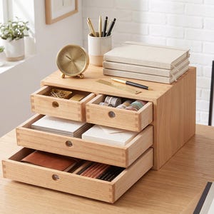 May include: A wooden desk organizer with four drawers, a gold clock, and a stack of notebooks. The drawers are filled with stationery supplies, including pens, tape, and notecards. The organizer sits on a wooden desk.