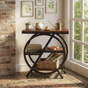 May include: A round black metal side table with a wooden top and two interior shelves. The top holds a small succulent, a ceramic teapot, and a teacup. The shelves contain three stacked books, a notebook with a pen, and a woven basket with papers.