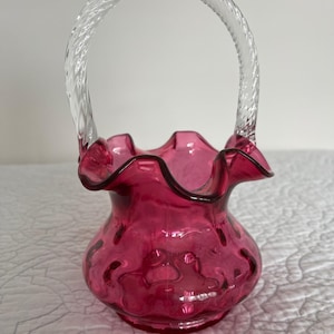 Vintage Fenton Cranberry Glass Ruffle Edge Cranberry Pink Decorative Basket