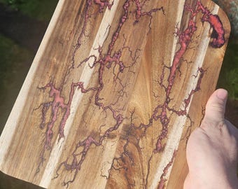 Lichtenberg Acacia Charcuterie Board: Fractal Resin Art - Red coloured resin