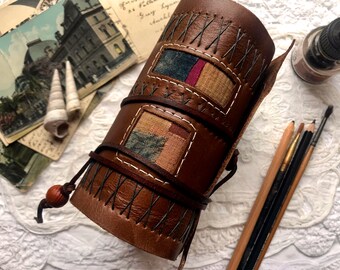 Nomadic Notes - Reclaimed Leather Journal, Vintage Textile Patchwork, Tea Stained Pages OOAK