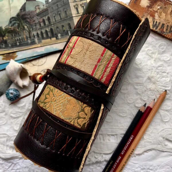 The Journey - Reclaimed Leather Journal, Vintage Brocade, Tea Stained Pages OOAK