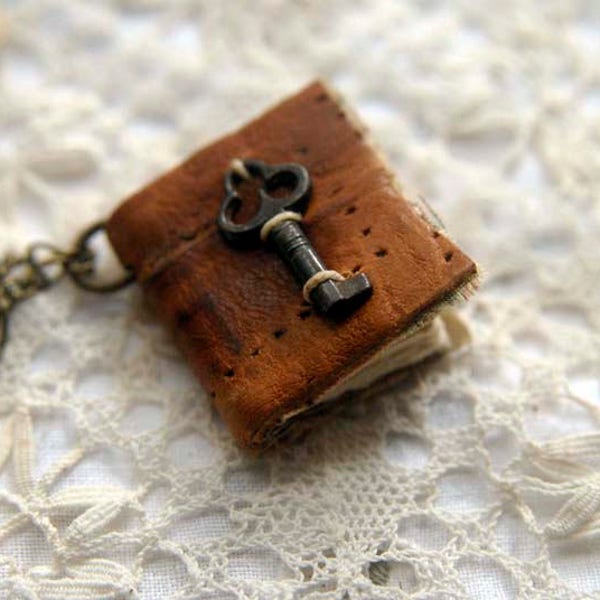 Petite Poet - Miniature Wearable Book, Vintage Leather, Tiny Antique Key, Tea-Stained Pages, OOAK