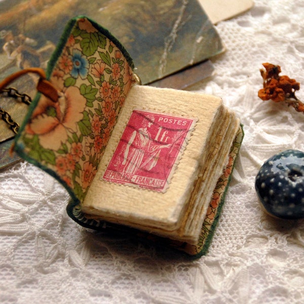 Teeny Greeny - Miniature Book Necklace, Wearable Book, Tea Stained Pages - OOAK