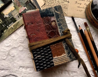 The Patchwork Chronicles - Hand Bound Journal, Vintage Textile Patchwork, Tea Stained Pages - OOAK