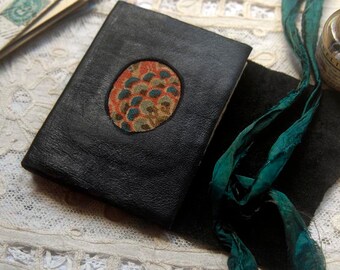 A Little Mystery - Mini Black Leather Pocketbook, Recycled, Vintage Fabric, Tea-Stained Pages - OOAK