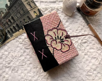 Botanica No.18 - Hand Bound Miniature Book, Vintage Textiles, Tea Stained Pages - OOAK