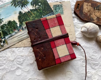 The Gingham Gatherer - Hand Bound Miniature Book, Vintage Textiles, Tea Stained Pages - OOAK