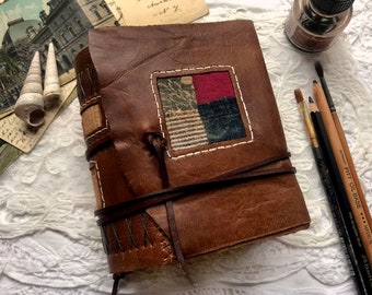 Nomadic Notes - Reclaimed Leather Journal, Vintage Textile Patchwork, Tea Stained Pages OOAK